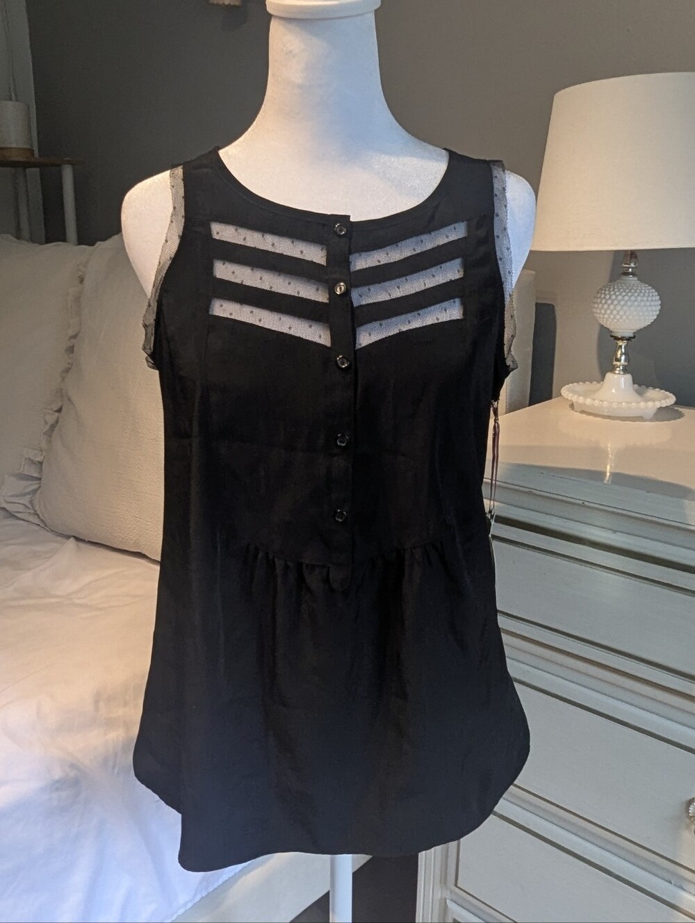 Princess Vera Wang Sleeveless Black Swiss Dot Lace-Trim Women's Tank Top, Small